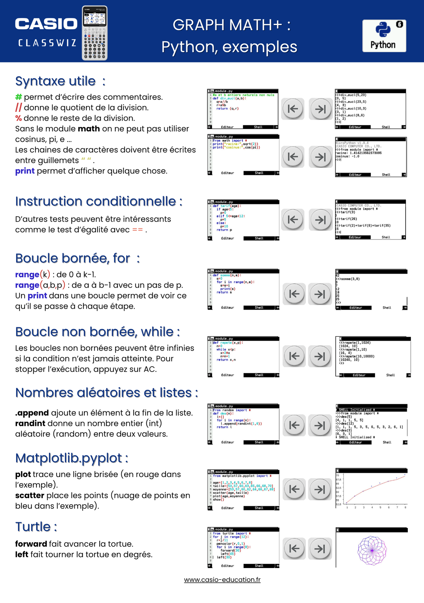 Menu Python exemples avec la calculatrice CASIO GRAPH MATH+