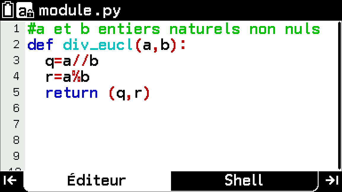 Division euclidienne dans le menu Python de la calculatrice CASIO GRAPH MATH+