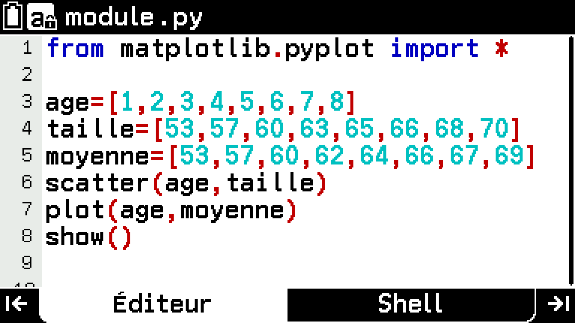 Matplotlib avec le menu python de la calculatrice CASIO GRAPH MATH+