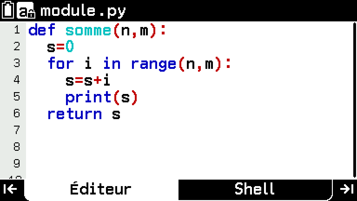 Boucle for avec le menu Python de la calculatrice CASIO GRAPH MATH+