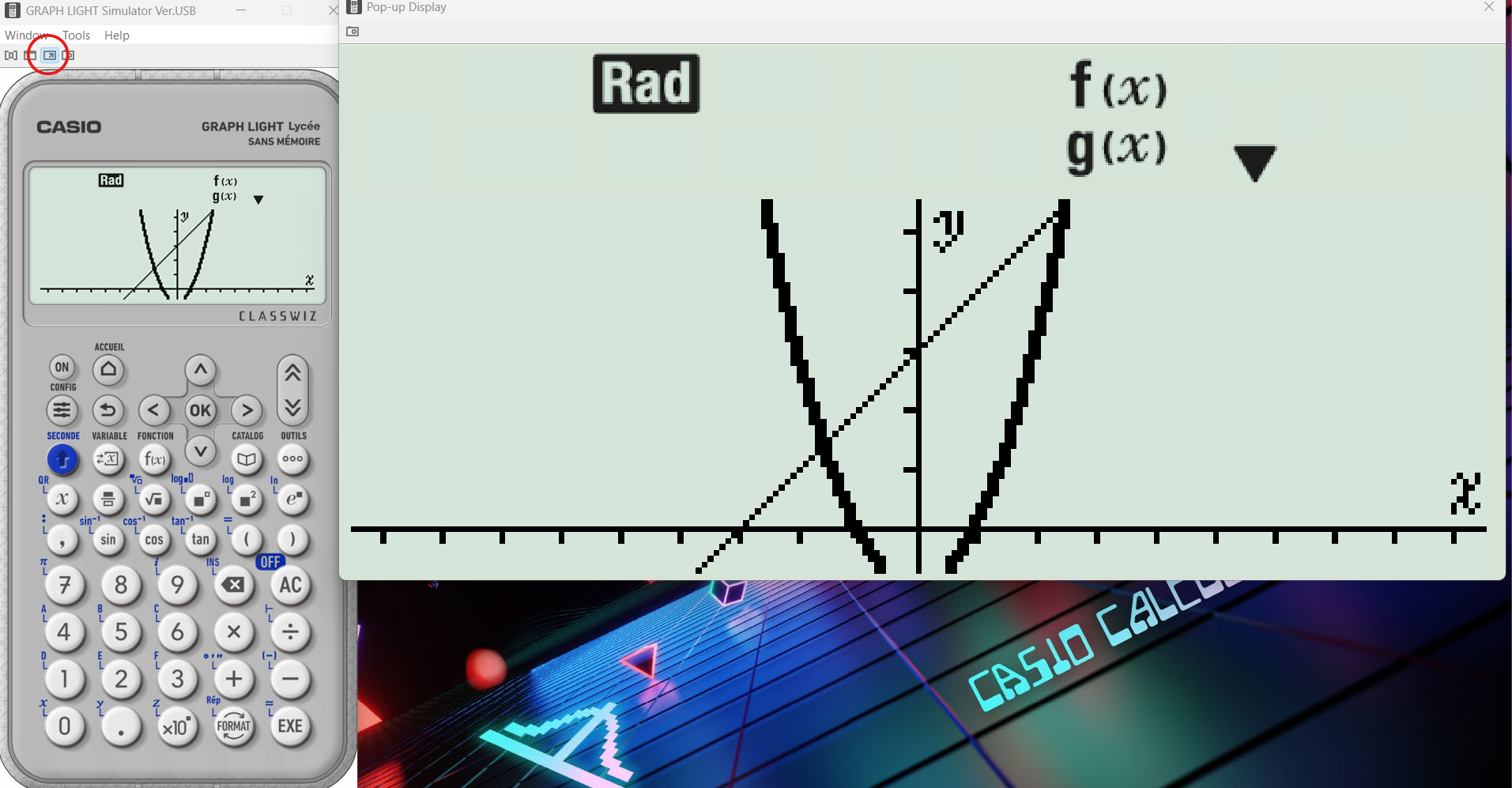 Dupliquer l'écran de l'émulateur USB de la CASIO GRAOH LGHT