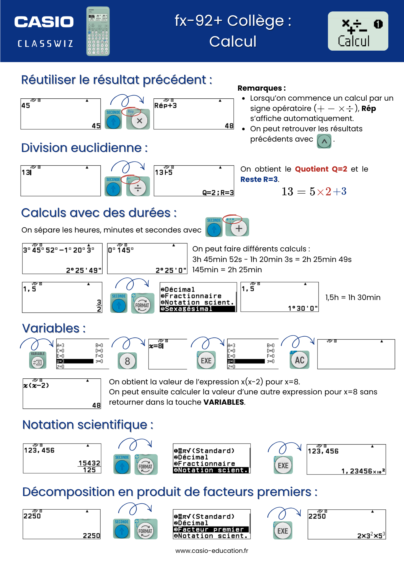 Fiche pratique Menu Calcul de la calculatrice fx-92+ Collège