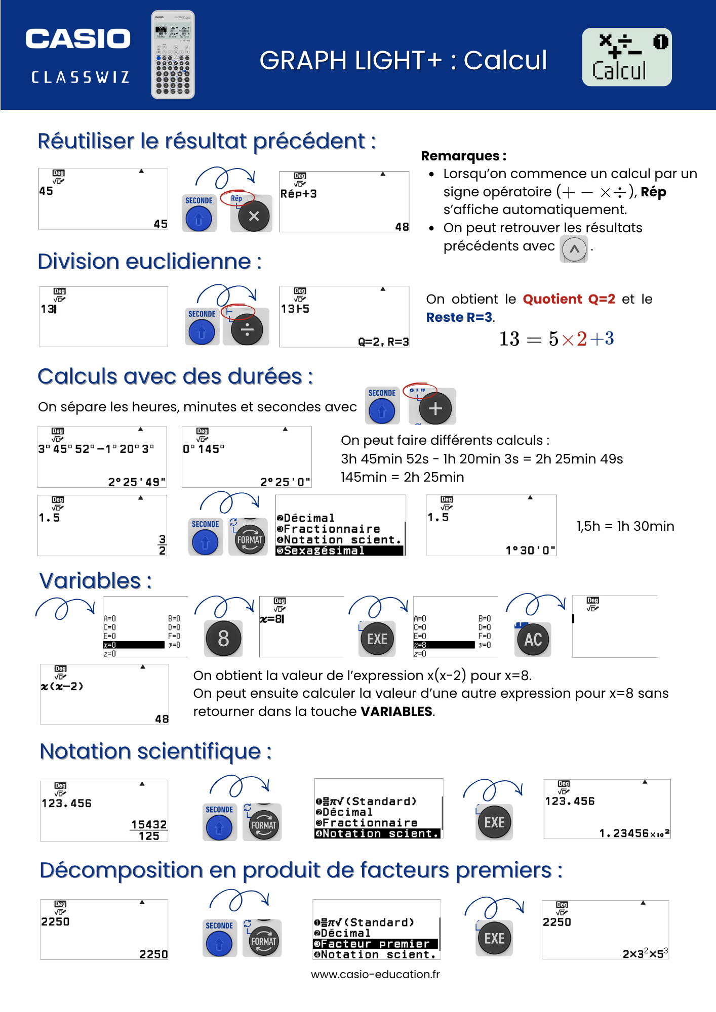 Fiche pratique, menu Calcul avec la calculatrice CASIO GRAPH LIGHT+