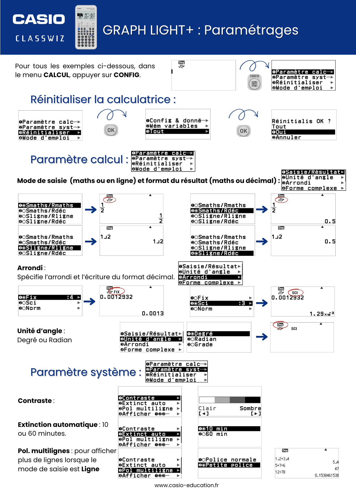 Fiche pratique Paramétrages de la calculatrice CASIO GRAPH LIGHT+