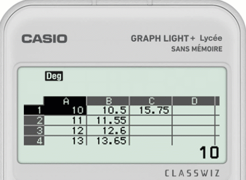 Refaire les calculs avec d'autres valeurs dans le tableur de la calculatrice CASIO GRAPH LIGHT+