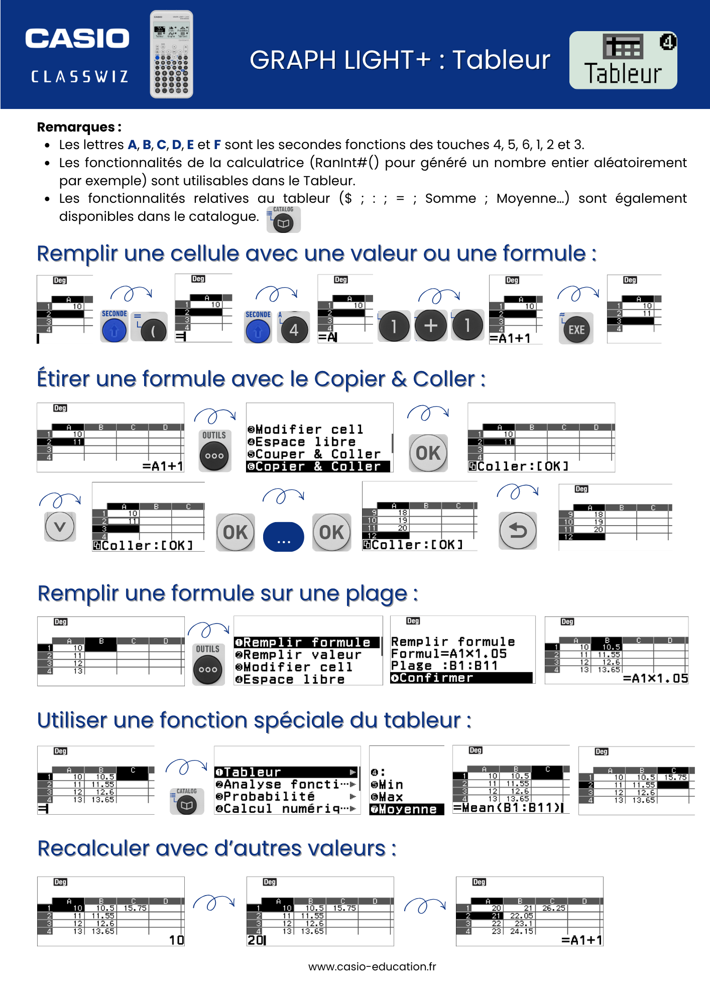 Fiche pratique le tableur avec la calculatrice GRAPH LIGHT+