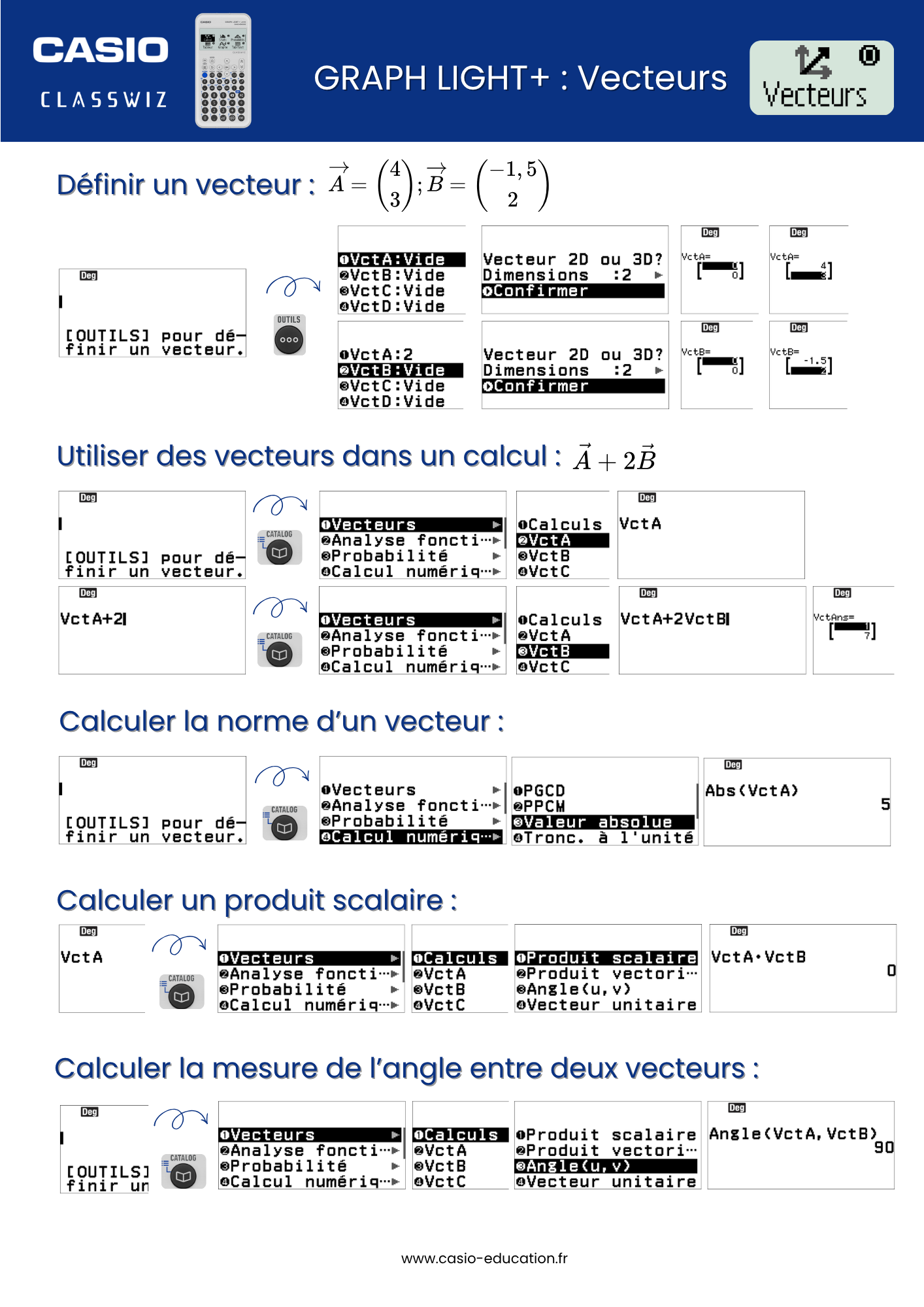Fiche pratique vecteurs calculatrice CASIO GRAPH LIGHT+