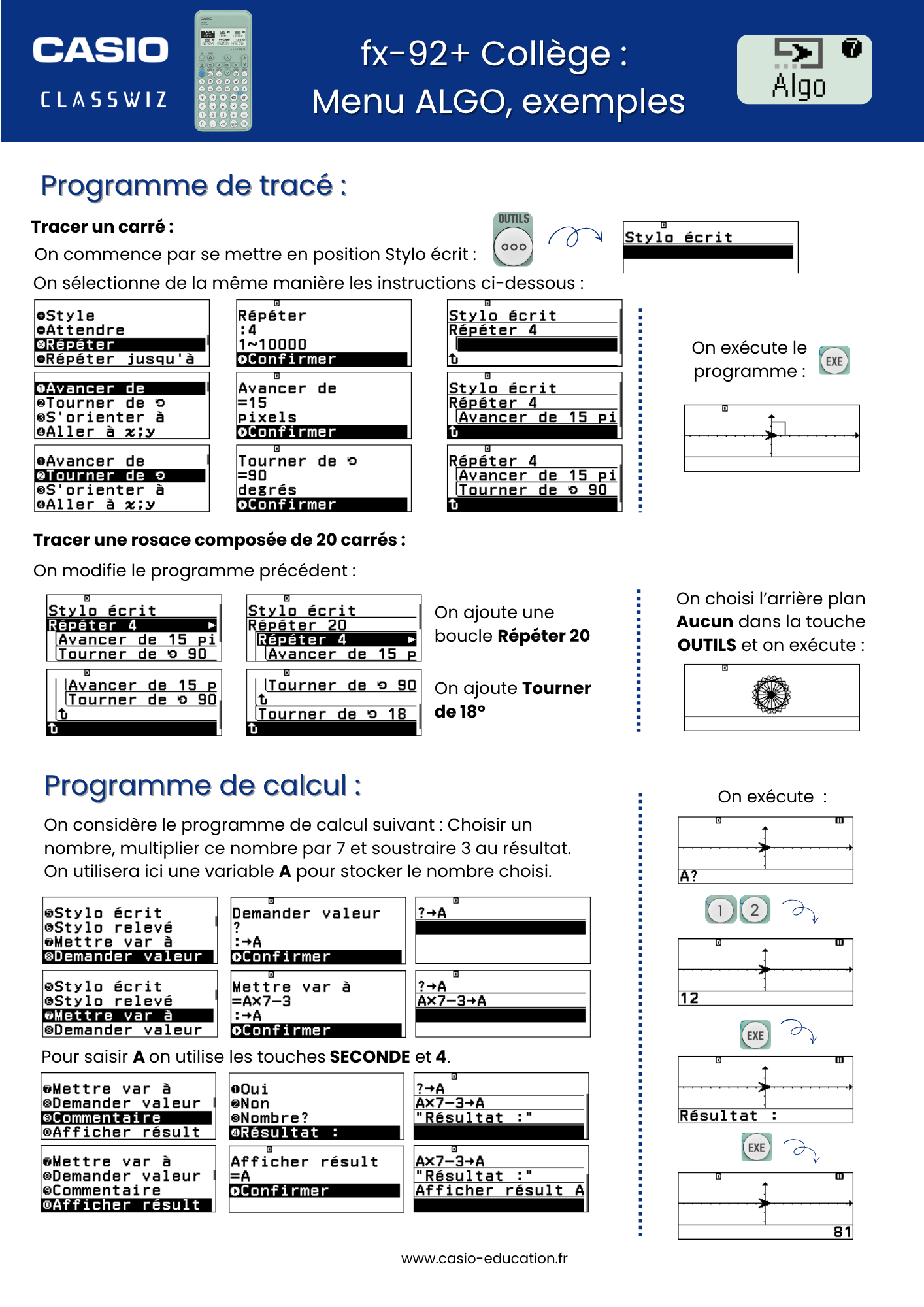 Exemples d'algorithmes avec la calculatrice CASIO fx-92+ Collège