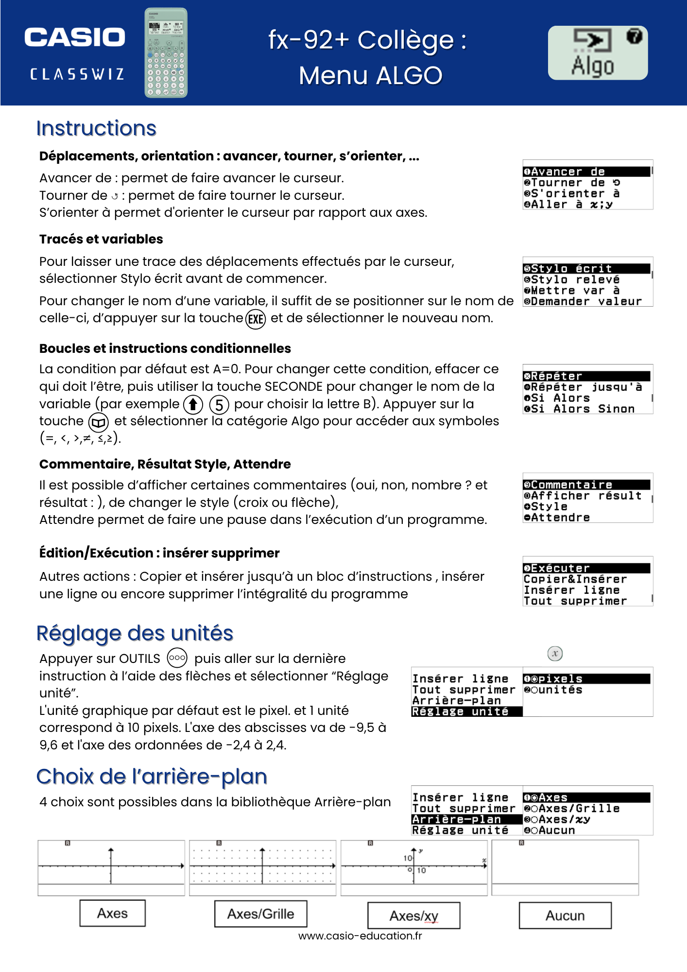 Menu ALGO fx-92+ Collège