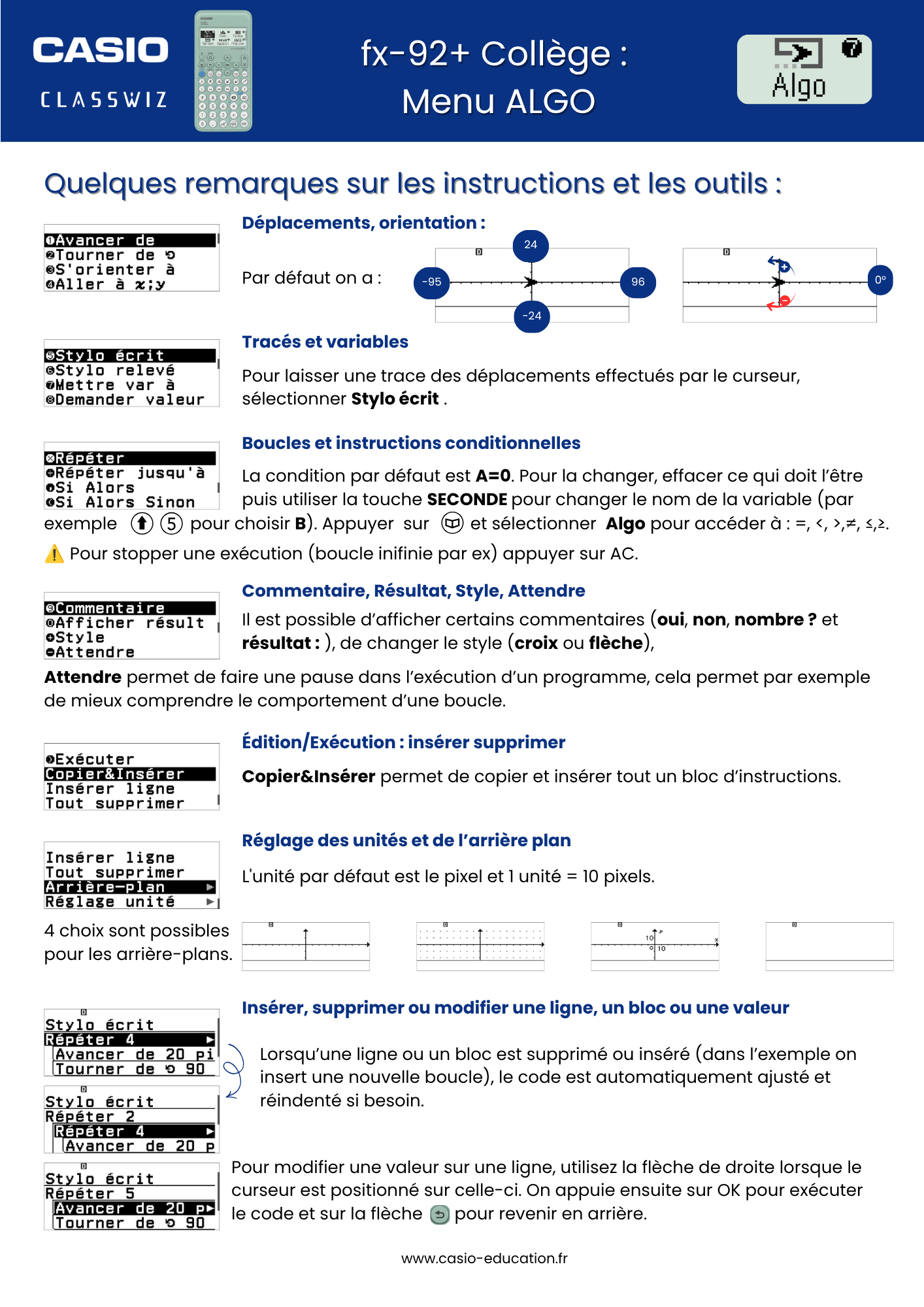 Fiche ^pratique menu ALGO calculatrice CASIO fx-92+ Collège