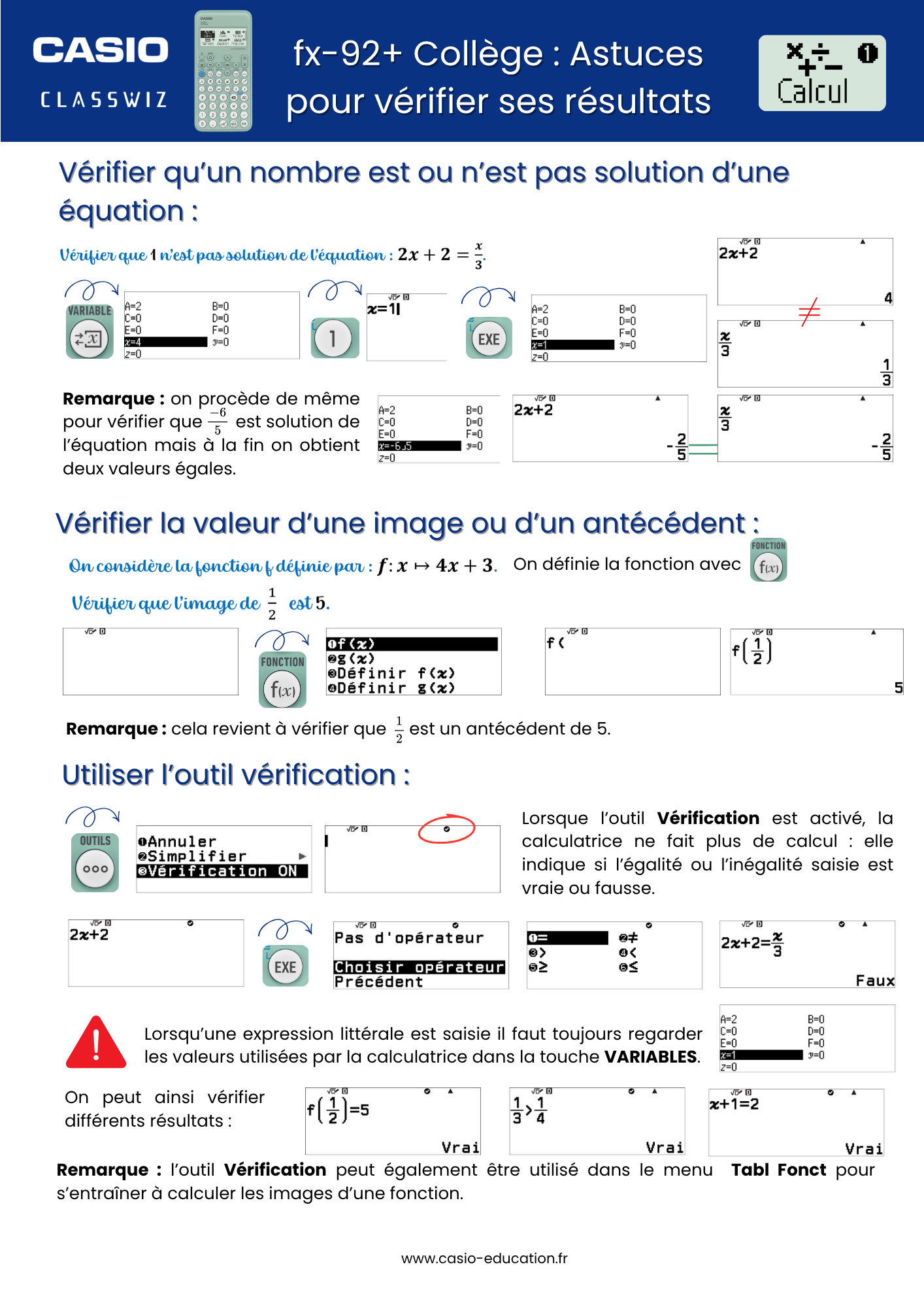 Astuces pour vérifier ses résultats avec la calculatrice CASIO fx-92+ Collège