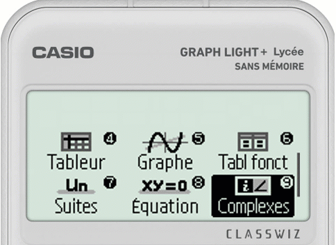 Confugurer l'unité d'angle en radian, menu Complexes de la calculatrice CASIO GRAPH LIGHT+
