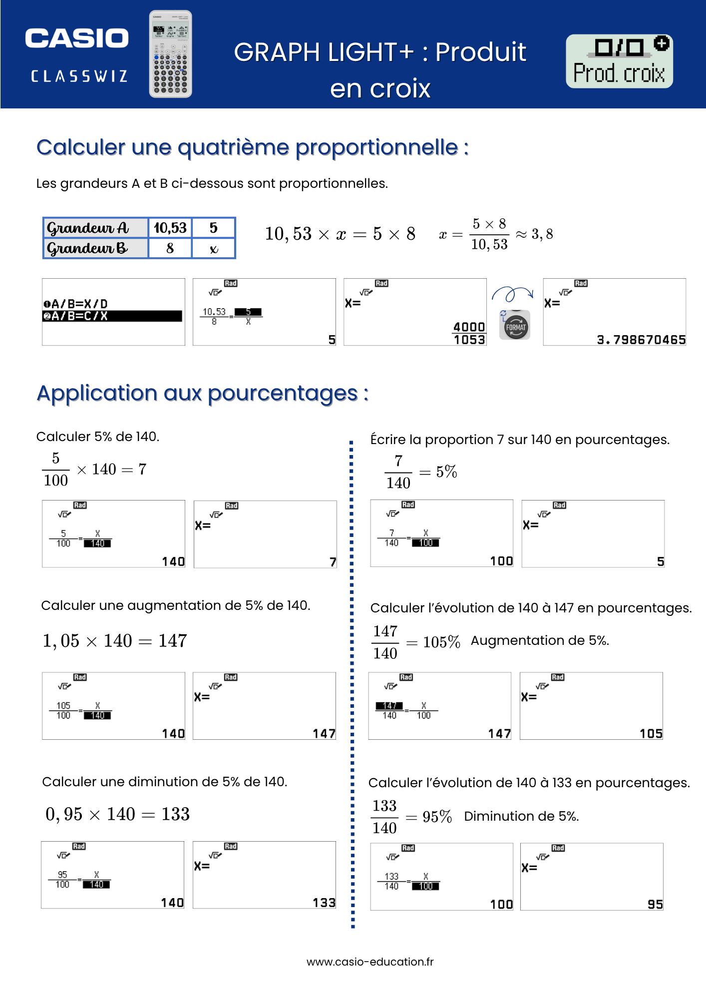 Produit en croix et pourcentages avec la calculatrice CASIO GRAPH LIGHT+