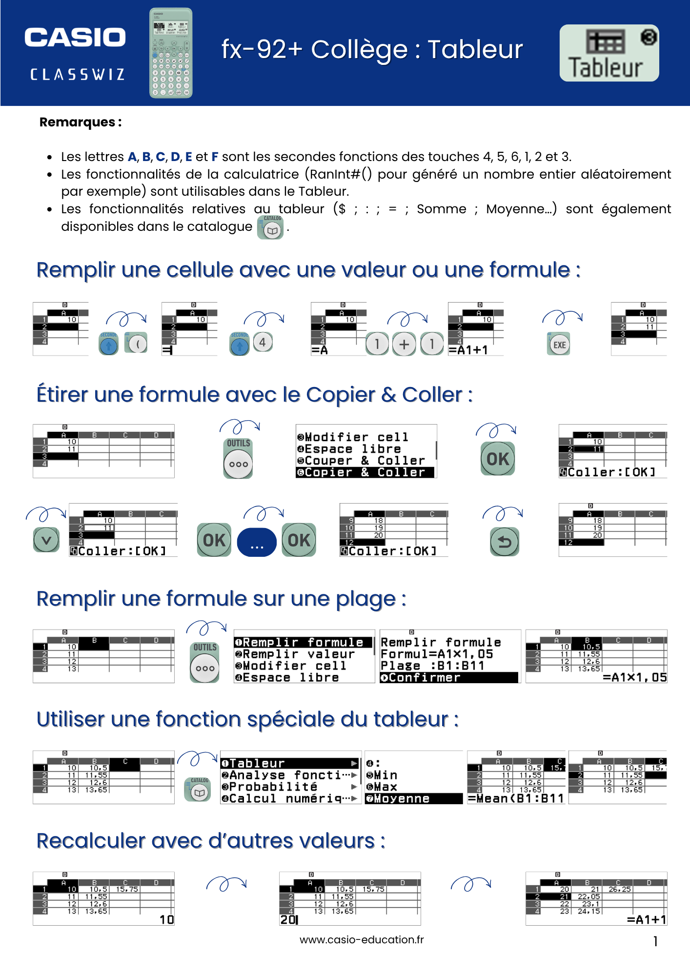 Tableur FP mini fx 92+ Collège